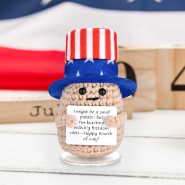 Imagem de sicutoz Boneca de batata positiva de crochê feita à mão – Mini decoração patriótica de 11 cm para 4 de julho, Dia da Independência e Memorial Day | Pelúcia de apoio emocional, decoração de casa de