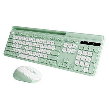 Imagem de Combo verde de teclado e mouse sem fio, teclado ergonômico de 2,4 G com suporte de tablet para celular, mouse silencioso com 6 botões, compatível com MacBook, Windows (KM-239W-WHGN)