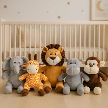 Imagem de Kit Safari 5 Pelúcias De Animais Bebe Baby Presente Festa Menina Menino Antialérgico Zoologico Kawaii Elefante Hipopótamo Girafa Macaco Leão Savana Escolha O Tamanho (Tamanho 35cm)