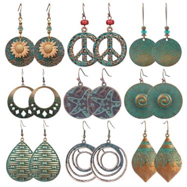 Imagem de 12 pares de brincos vintage geométricos de gota de cristal drusa estilo étnico joias boho vintage conjunto de joias de gota d'água para mulheres, Small, Zircônia, Sem pedra preciosa