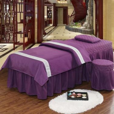 Imagem de Jogo de lençol de mesa de massagem, saia de cama de beleza, 4 peças, macia, simples, spa, salão, salão, cama, saia para cama com orifícios, conjunto de cama especial roxo-2||80 x 190 cm