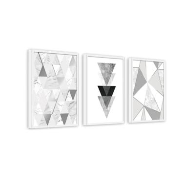 Imagem de 3 Quadros Abstratos Geométricos Triângulos 60x40 com Moldura Branca