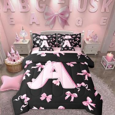 Imagem de Erosebridal Conjunto de edredom queen com laço rosa, rosa, preto, letra A em uma bolsa com laço de coquete, fofo, conjunto de cama de 7 peças, moderno, moderno, moderno, com laço