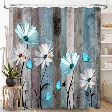 Imagem de Cortina de chuveiro de margarida branca fazenda margarida, flor de madeira rústica, retrô, azul-petróleo, branco, borboleta, primavera, estilo rural, estilo rural, tecido rural, conjunto de cortina de