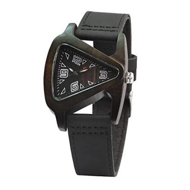 Imagem de Relógios de madeira femininos triangulares, relógio de pulso exclusivo de madeira, leve, feito à mão, pulseira de couro legítimo, relógio de pulso de quartzo para homens e mulheres, Preto