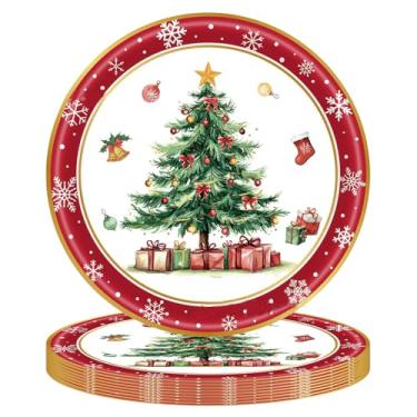 Imagem de Pratos de papel de Natal, vermelho, verde, árvore de Natal, floco de neve, pratos descartáveis redondos, utensílios de mesa, pratos de sobremesa, utensílios de mesa, pratos de sobremesa para inverno