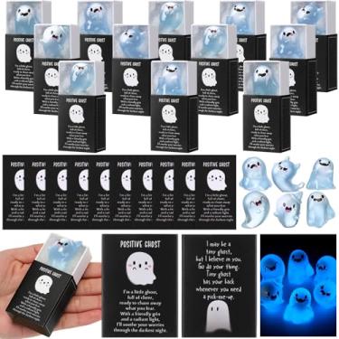 Imagem de Wonderjune 18 conjuntos de lembrancinhas de festa fantasma de Halloween que brilham no escuro, figuras espirituais de resina, com caixas e cartões positivos, mini fantasma luminoso positivo para