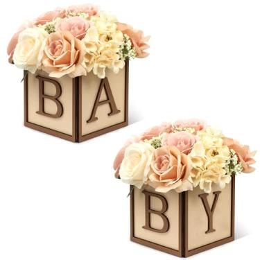 Imagem de Acmee Conjunto de 2 peças centrais de chá de bebê para mesas – caixas de madeira de 15 cm com letras de bebê, cubos rústicos, blocos de madeira para meninos e meninas revelar lembrancinha de festa