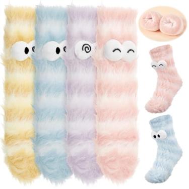 Imagem de Chicingyou 4 pares de meias felpudas para mulheres, macias, fofas, aconchegantes, quentes, para dormir, fofas, divertidas, animais, Rosa, branco, marrom, amarelo, One Size