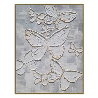 Imagem de Yihui Arts Arte de parede de borboleta grande feita à mão em tela cinza texturizada - Pintura a óleo luxuosa para decoração de casa