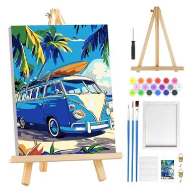 Imagem de MOGTAA Kit de pintura de ônibus por números para adultos iniciantes com moldura, paisagens de praia para adultos kits de pintura por números em tela com cavalete, kits de pintura a óleo DIY fáceis