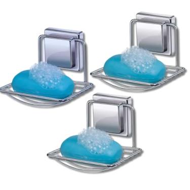 Imagem de Kit com 3 Saboneteiras de Parede Em Aço Inox com Fixação por Ventosa – Suporte de Sabonete Cromado Antiferrugem para Banheiro e Cozinha Instalação Sem Furos Prática e Resistente 12,2x11cm