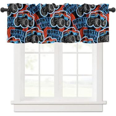 Imagem de Cortina de saia de caminhão monstro 3D desenho animado adolescentes estilo livre colorido bolso para vara de corrida tratamentos de janela curta para cozinha, crianças, meninos, quarto, berçário