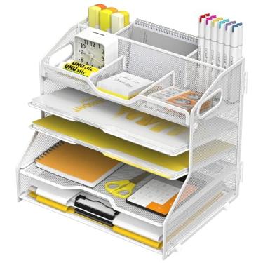Imagem de YINGHUA Organizador de cartas com bandeja de papel de 5 camadas com 6 compartimentos ajustáveis superiores - classificador de papel, acessórios de mesa de escritório com alças para documentos, correio