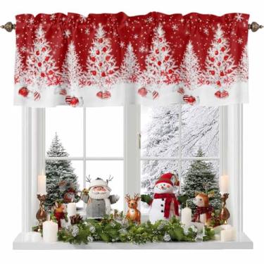 Imagem de Cortina de árvore de Natal para janelas de cozinha, cortina branca para árvore de Natal, flocos de neve de inverno, tratamento de janela vermelha, sanefas para quarto/sala de estar/banheiro, 137 x 45