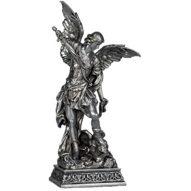 Imagem de Estátua católica de São Miguel BC, figura de arcanjo de 15 cm H, estátua interna, patrono do exorcismo e defesa espiritual, escultura de arte florentina clássica pintada à mão em prata por