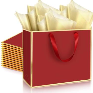 Imagem de ReliThick Pacote com 12 sacos metálicos para presente de papel com alças e papel de seda, 29 x 25 x 10 cm, bolsa de agradecimento para madrinha de casamento, padrinhos, presentes de aniversário de 5