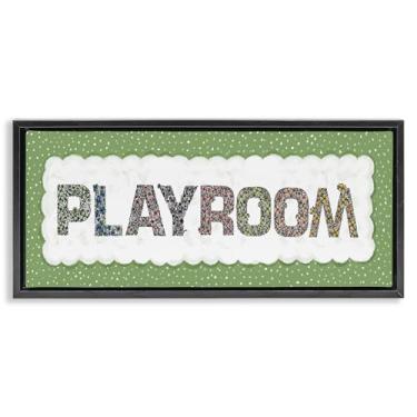 Imagem de Stupell Industries Arte de parede em tela flutuante emoldurada preta para sala de jogos com borda verde, design de Jennifer Stith, 35,5 x 78,5 cm