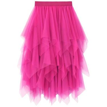 Imagem de Saia Reaowazo Tule Midi, cintura elástica em camadas, rosa vermelha