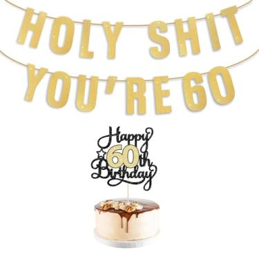 Imagem de Decorações de aniversário de 60 anos para homens e mulheres, faixa dourada com glitter de 60 anos com topo de bolo placa de festa de 60 anos para ele 60 decorações de festa B-DAY