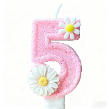 Imagem de Ayracat Velas de aniversário para bolo, 5ª vela de aniversário com glitter de flor branca para decoração de festa, número 5