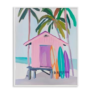 Imagem de Stupell Industries Cabana de praia rosa e quadros brilhantes, arte giclée emoldurada branca, design por Sisi e Seb, 14 x 11