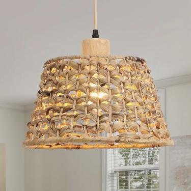 Imagem de Karjearl Luminária pendente boho de vime, 30,48 cm 1 luz de vime tecida à mão com sombra de jacinto de água, luz suspensa de cone costeiro natural para cozinha ilha pia sala de jantar