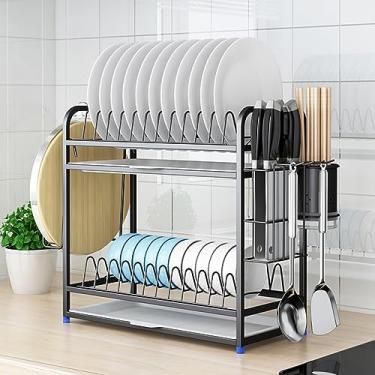 Imagem de AKALNNB Escorredor de pratos de cozinha de 2 níveis, escorredor de pratos de cozinha, escorredor de talheres de aço inoxidável com ganchos, placa de drenagem e rack de tábua de corte, para bancadas de