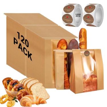 Imagem de Sacos de pão de fermento com trava de estanho, pacote com 120, sacos de pão de papel de 29 x 9 x 11 cm, sacos de pão caseiros com janela transparente, 1000 etiquetas, sacos de padaria para