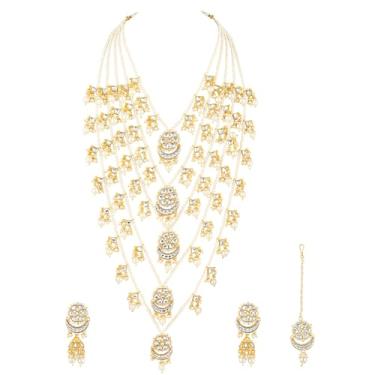 Imagem de Aheli Kundan & Beads Studded Layered Necklace Earrings Maangtikka Set Ethnic Fashion Jewelry for Women