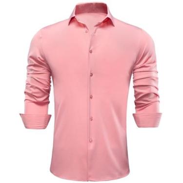 Imagem de Camisa social Hi-Tie, elástica de 4 vias, sem rugas, para homens, rosa