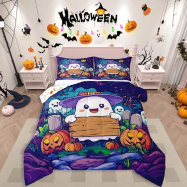 Imagem de Erosebridal Conjunto de edredom para crianças, solteiro, fantasma fofo, decoração assustadora de Halloween, para quarto de meninos, meninas, adolescentes, adultos, lanterna de abóbora, desenho gótico