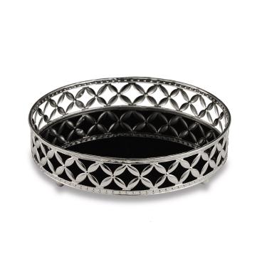 Imagem de Bandeja Decorativa Redonda Em Metal Prata Com Espelho Preto 5x17,5 Cm  - D'Rossi