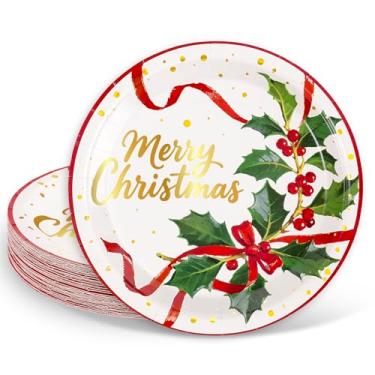 Imagem de FYSUIMU Pratos de papel de Natal, pratos de festa, Natal, folha dourada, fita de azevinho, prato de jantar descartável para férias de inverno, festa de ano novo, suprimentos de mesa, 40 peças