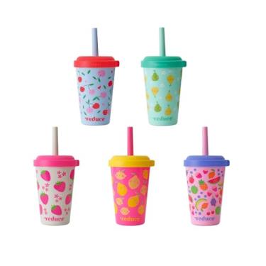 Imagem de REDUCE GoGo's Copos infantis portáteis com tampas e canudos à prova de derramamento – Pacote com 5 copos empilháveis de 350 ml com tampas de torção – Fácil armazenamento, lavável na lava-louças