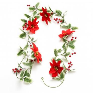 Imagem de Guirlanda Natalina Artificial com Flores Vermelhas e Folhas Verdes 150cm – Decoração de Natal para Portas, Lareiras, Janelas e Árvores, Enfeite Clássico Festivo Reutilizável