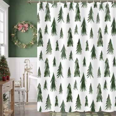 Imagem de Wathon Conjunto de cortina de chuveiro de inverno, árvore de Natal, floresta de neve, pinheiro, verde-petróleo, cenário de inverno, natureza, Natal, férias, acessórios de banheiro 70 x 70 pol