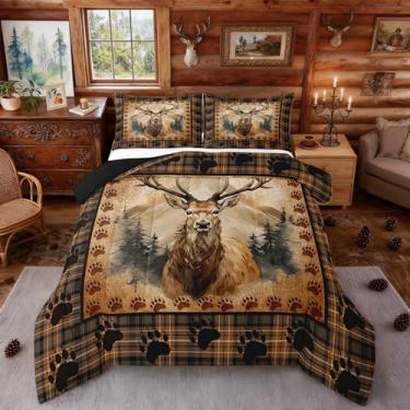 Imagem de Castle Fairy Conjunto De Edredom Aquarela Com Veado Da Selva, Tamanho Queen, 3 Peças, Desenho Pata Animal Selvagem, Para Crianças, Adolescentes E Adultos, Chalé, Cabana, Xadrez Vintage, Pinheiros, R