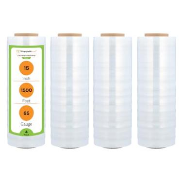 Imagem de PSBM Stretch Wrap, pacote com 4, 38 cm x 3,5 m, calibre 65, adesivo de plástico transparente, rolos de filme estirável à mão para embalagem de paletes de embalagem móvel