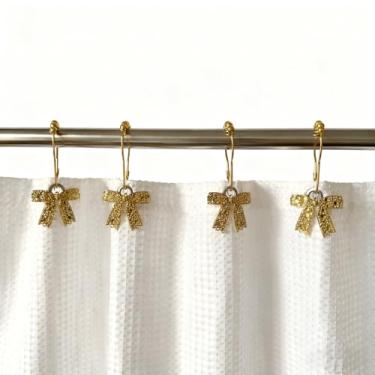 Imagem de Ganchos de cortina de chuveiro com nó de laço dourado, 12 peças de anéis de cortina de chuveiro à prova de ferrugem para banheiro, cabides decorativos de metal para cortina de chuveiro, acessórios de