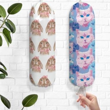 Imagem de 2 peças de suporte de saco de plástico lindo gato e coelho com laço rosa para sacolas de supermercado, suporte de parede reutilizável, suporte organizador para armário de cozinha, presentes para