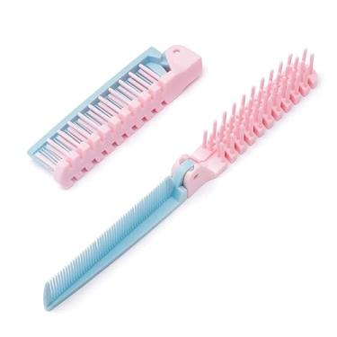 Imagem de Pente dobrável, escova de cabelo dobrável de plástico, mini ferramenta de estilo de viagem para bolsas de mão, pentes de bolso pequenos para mulheres, homens e crianças (2 peças rosa com azul)