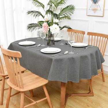 Imagem de Trczzone Toalha de mesa oval de linho sintético rústico resistente à água cinza escuro toalha de mesa lavável para ambientes internos e externos, cozinha, sala de jantar, 152 x 213 cm