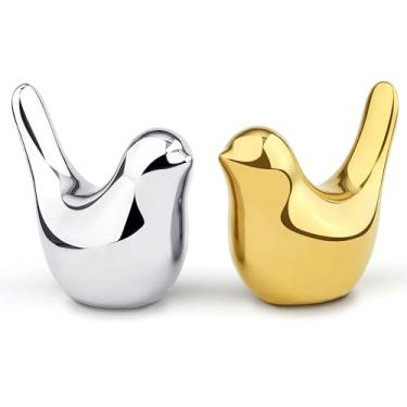 Imagem de NUKAYAI Estátuas de pássaros pequenos, douradas e prateadas, decoração de mesa para casa, estatuetas de pássaros, ornamentos decorativos de estilo moderno para mesa de escritório, sala de estar