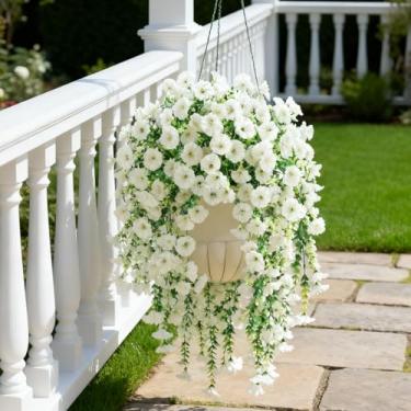 Imagem de 2 peças de flores artificiais para pendurar ao ar livre, glória matinal artificial com folhas de eucalipto, aparência resistente a UV, plantas falsas reais para plantar, varanda, pátio, varanda