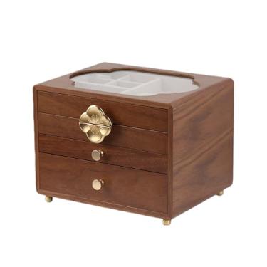 Imagem de SANTOUXIANG Caixa de joias de nogueira preta para mulheres, organizador de madeira de 4 camadas com tampa de vidro, para relógios, colares, anéis e brincos, presentes