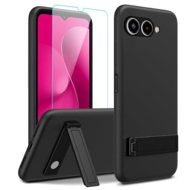 Imagem de Capa de telefone compatível com T-Mobile REVVL 8 / T Phone 3 5G com protetor de tela de vidro, [3 formas de suporte] Capa protetora de silicone TPU à prova de choque para REVVL 8 5G 2025 - preta
