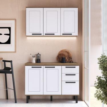 Imagem de Cozinha Modulada Provençal 3 Peças Balcão 120cm Tampo E Armário 3 Portas Jequitibá-branco Fosco