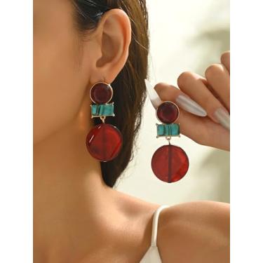 Imagem de Brincos femininos vintage vermelhos e turquesa, brincos pendentes de acrílico geométrico, estilo boho retrô, joia leve para presente