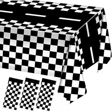 Imagem de 3 pacotes de toalhas de mesa xadrez para festa de carro de corrida preto e branco listras xadrez tema festa touchdown capa de mesa para corridas motorizadas, decorações de festa de aniversário, suprimentos lembrancinha de festa de corrida, 137 cm x 274 cm